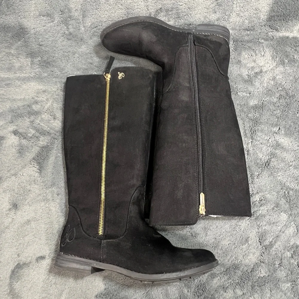 Sam Edelman Kendall Bethany Black Faux Suede Tall Riding Boots Gold Zip Womens 4